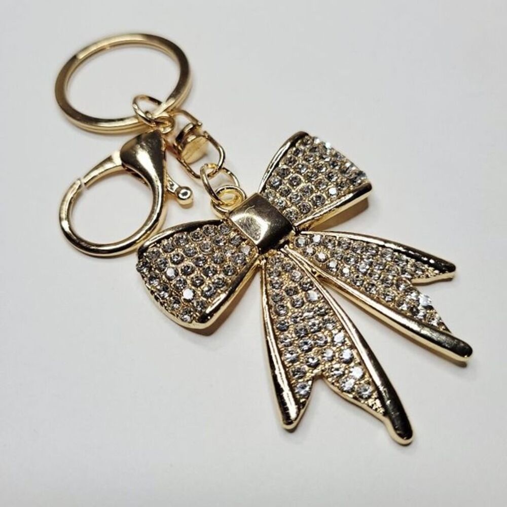 NWT Big Bow Gold Metal Sparkling Rhinestone Keychain Bag Charm